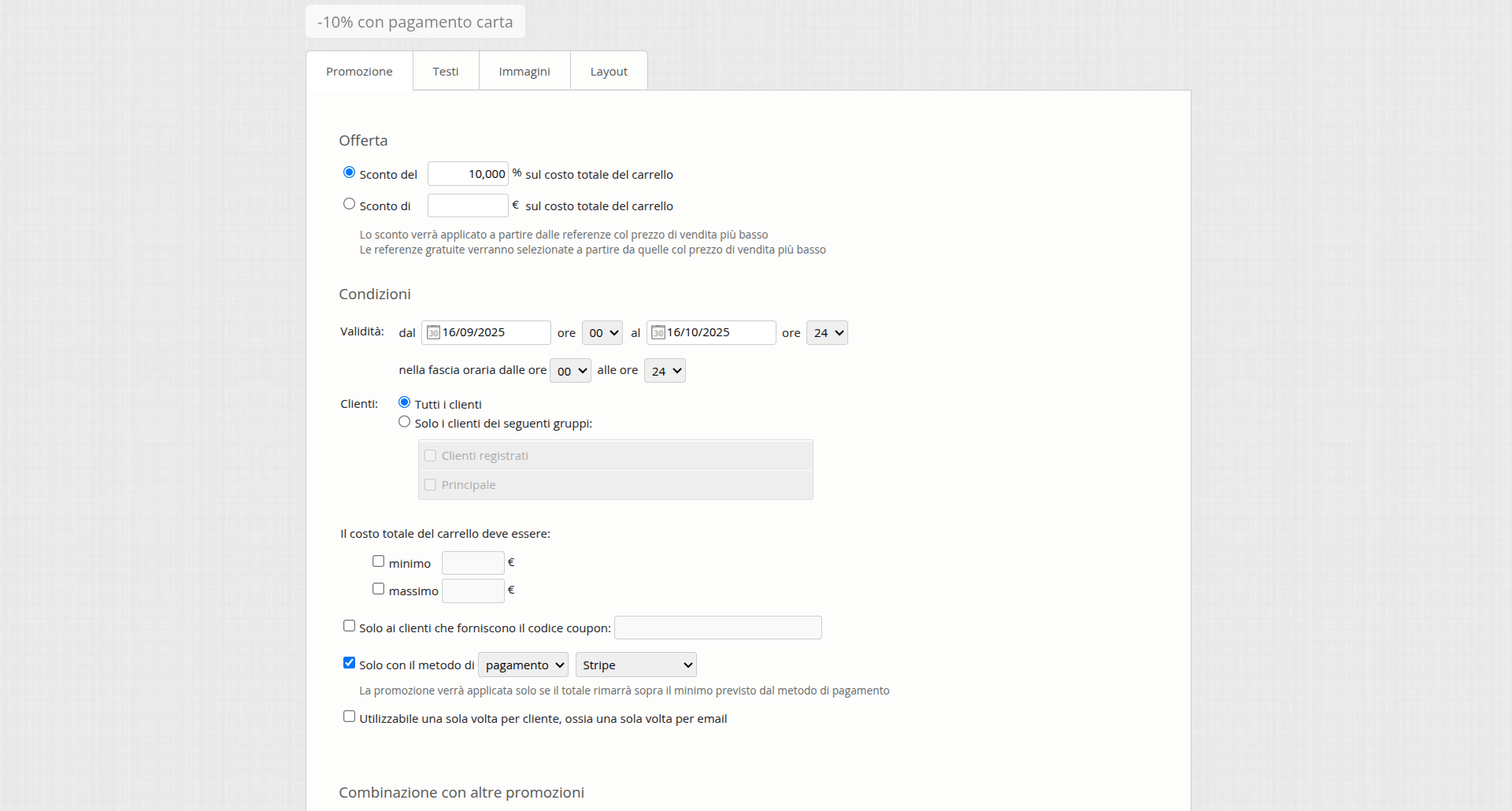promozione legata a pagamento o spedizione
